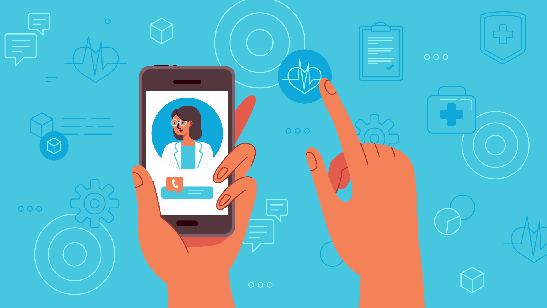 Ilustração de uma pessoa usando o smartphone para fazer uma consulta médica.
